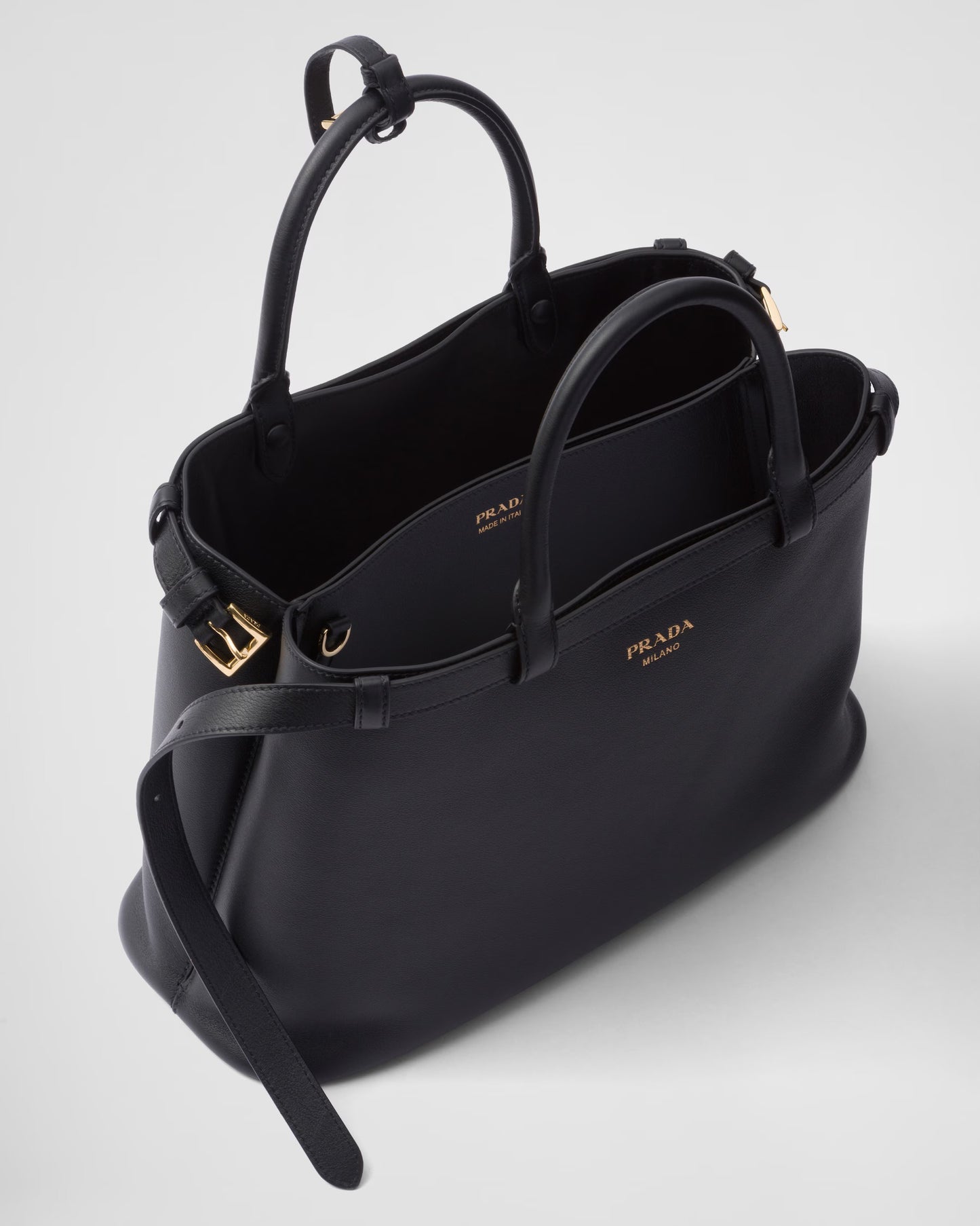 Prada Buckle Medium Leather Double Belt Handbag Black