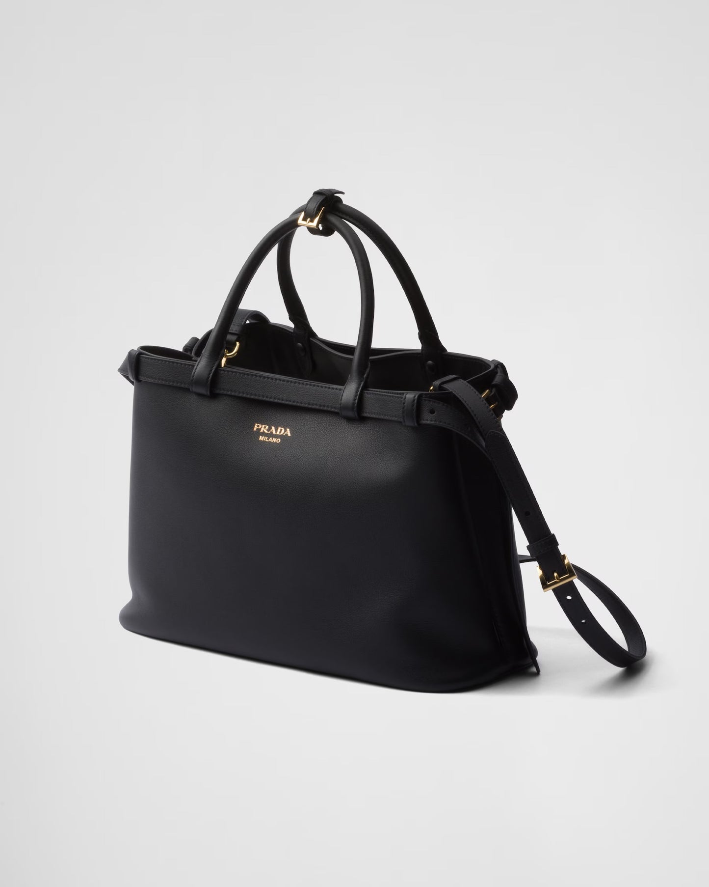 Prada Buckle Medium Leather Double Belt Handbag Black